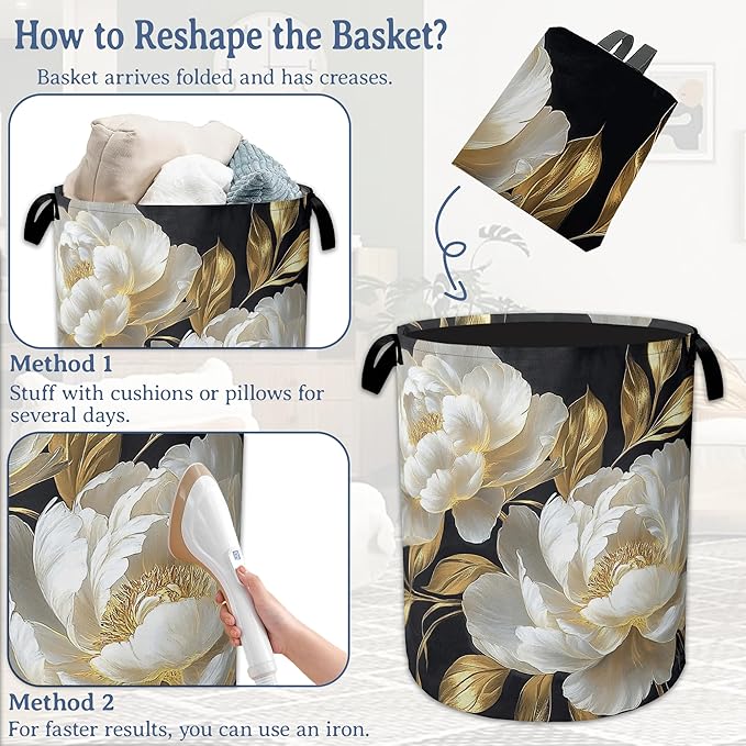 White Flowers Laundry Hamper With Handle,Foldable Oxford Cloth Glitter Blooming Laundry Basket,20.8"x16" Clothes Storage Basket for Laundry Room/Bedroom/Bathroom