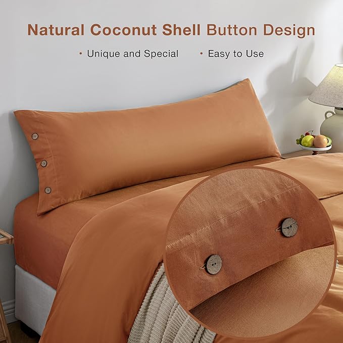 JELLYMONI Pillowcase Body Cotton 1pc Button Caramel Pillow Case 20×54in 100% Washed Cotton Soft Breathable Pillow Covers(Pillows are not Included)