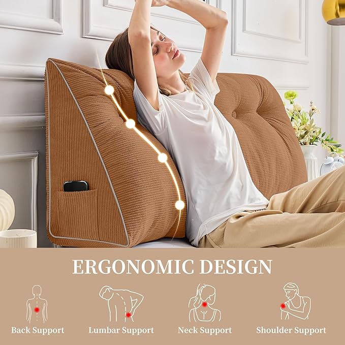 Sasttie Headboard Pillow Queen, Wedge Pillow Headboard for Sitting Up in Bed, Back-Rest Support Triangular Cushion for Reading - Features Removable Washable Cover, Caramel