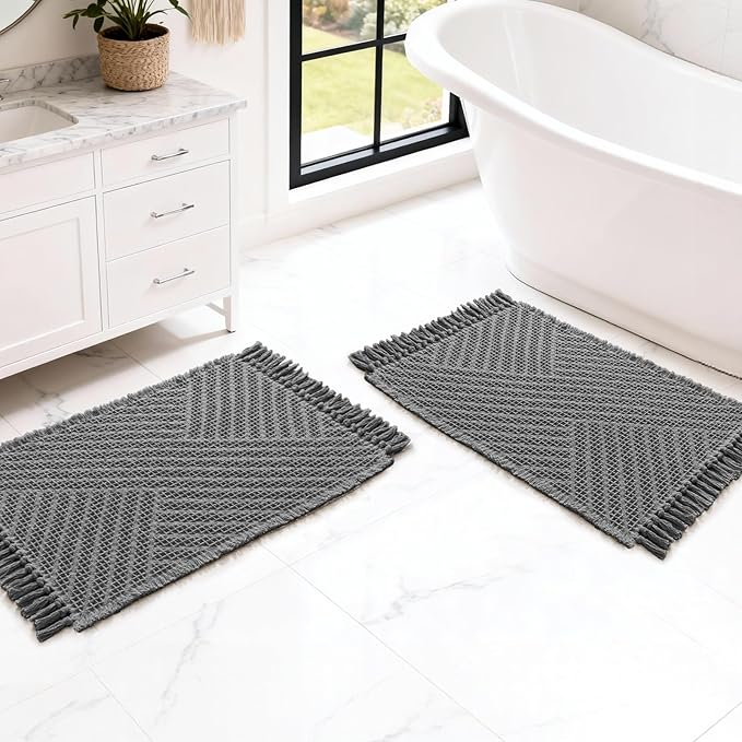 H.VERSAILTEX Waffle Bath Mat Super Absorbent Boho Bath Mat Non Slip Bath Rugs for Bathroom Floor Machine Washable Dry Fast Bathroom Rugs with Tassels (17 x 24 Plus 17 x 24 Inches, Gray)