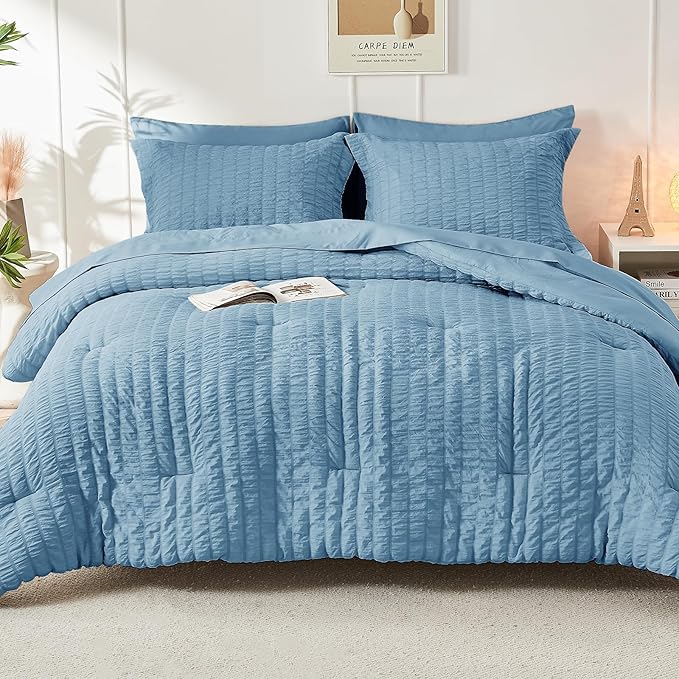 HYMOKEGE Mineral Blue Twin Comforter Set Seersucker 5 Pieces, All Season Luxury Bed in a Bag for Bedroom, Bedding Set with Comforter, Sheets, Pillowcase & Sham