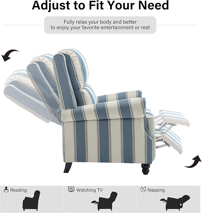 Recliner Chair, Modern Pushback Armchair with Adjustable Backrest & Footrest for Bedroom, Living Room (Navy Blue Stripe,Set of 1)