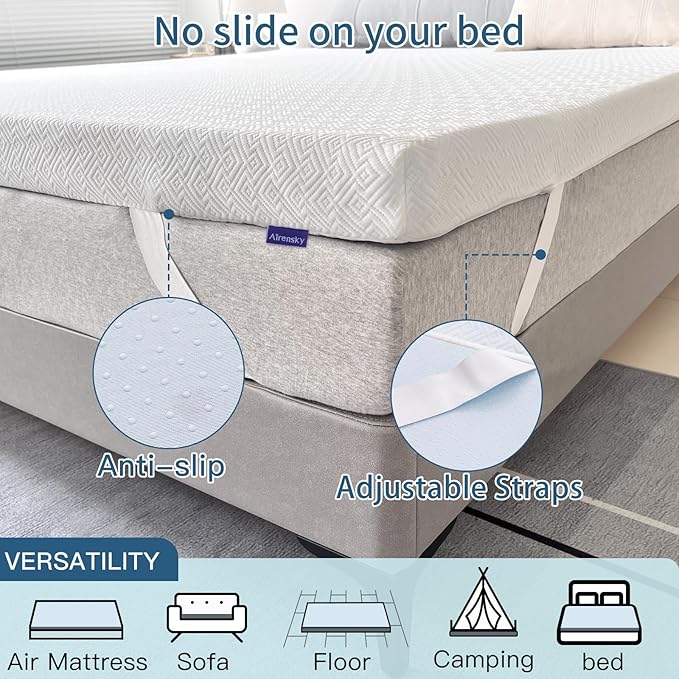 Airensky Queen Mattress Topper, Cooling Gel Infused Memory Foam Topper with Removable Skin-Friendly Cover, Bed Topper for Pressure Relief Back Pain, CertiPUR-US Certified, 3 Inch, 60"x80"