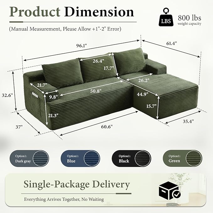 96''Sectional Couches for Living Room Modern Modular Sectional Sofa Upholstered Boneless Couch Comfy Cloud Couch with Chaise (Green, 96''W Right Facing Chaise)
