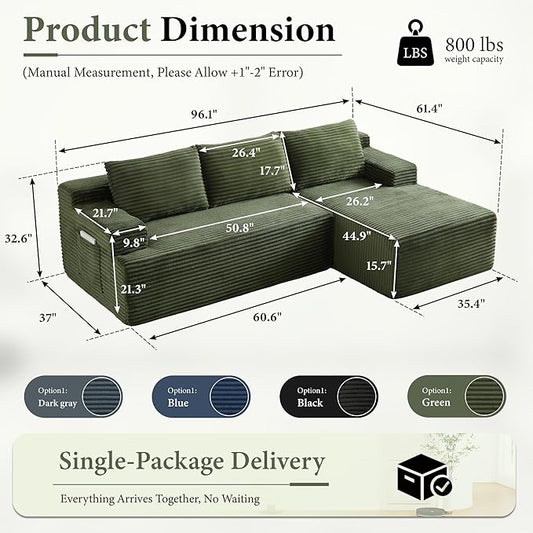 96''Sectional Couches for Living Room Modern Modular Sectional Sofa Upholstered Boneless Couch Comfy Cloud Couch with Chaise (Green, 96''W Right Facing Chaise)