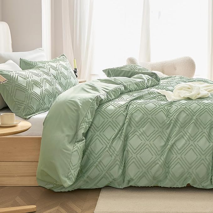 JELLYMONI Duvet Cover Twin Size Light Green - 3PCS Boho Duvet Cover Set Plaid Polyester Tufted Bohemian Jacquard Knit Textured Comforter Cover 68×90in Rhombic Geometric Pattern Corner Ties & Zipper