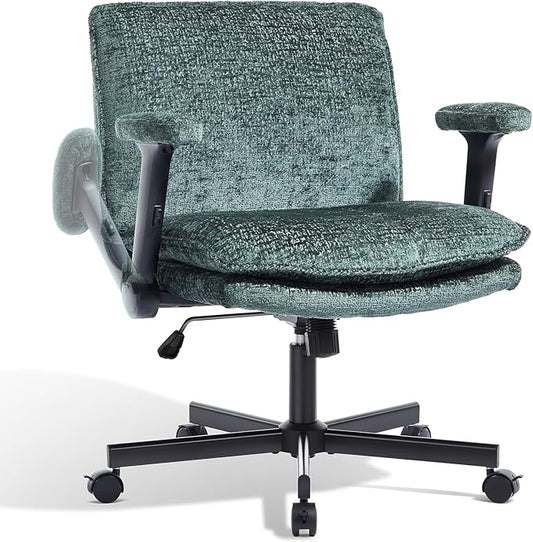 Criss Cross Chair with Flip-Up Arms and Lockable Wheels, Plush Fabric Cross Legged Office Desk Chair,Wider 125°Tilting Adjustable Swivel Computer Chair for Home, Apartment, Bedroom,Green