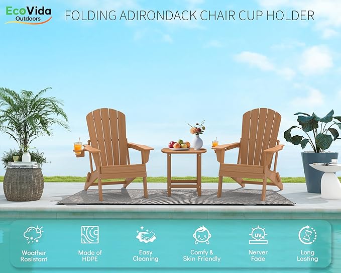 3-Piece Folding Adirondack Chair Set - 38" Extra Tall Back & Embossed Wood Grain, Oversized HDPE Patio Furniture with Side Table & Cup Holders, 380lb Heavy Duty, Cedar