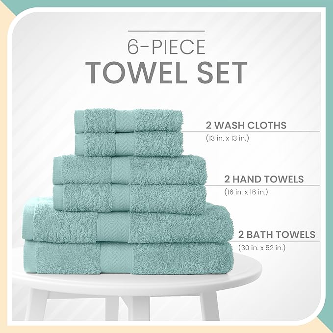 Martex 6-Piece Luxury 100% Cotton Towel Set | Quick Dry | Super Absorbent | Super Soft 100% Ringspun Cotton Towels | 2 Bath Towels | 2 Hand Towels | 2 Wash Cloths | Light Blue