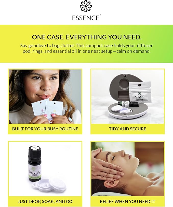 Essence Pearl Travel Case - Wearable Aromatherapy Kit with Nasal Diffuser Rings, Soaking Bay, and 5mL Essential Oil – Portable Wellness Gift Set for On-The-Go Self Care