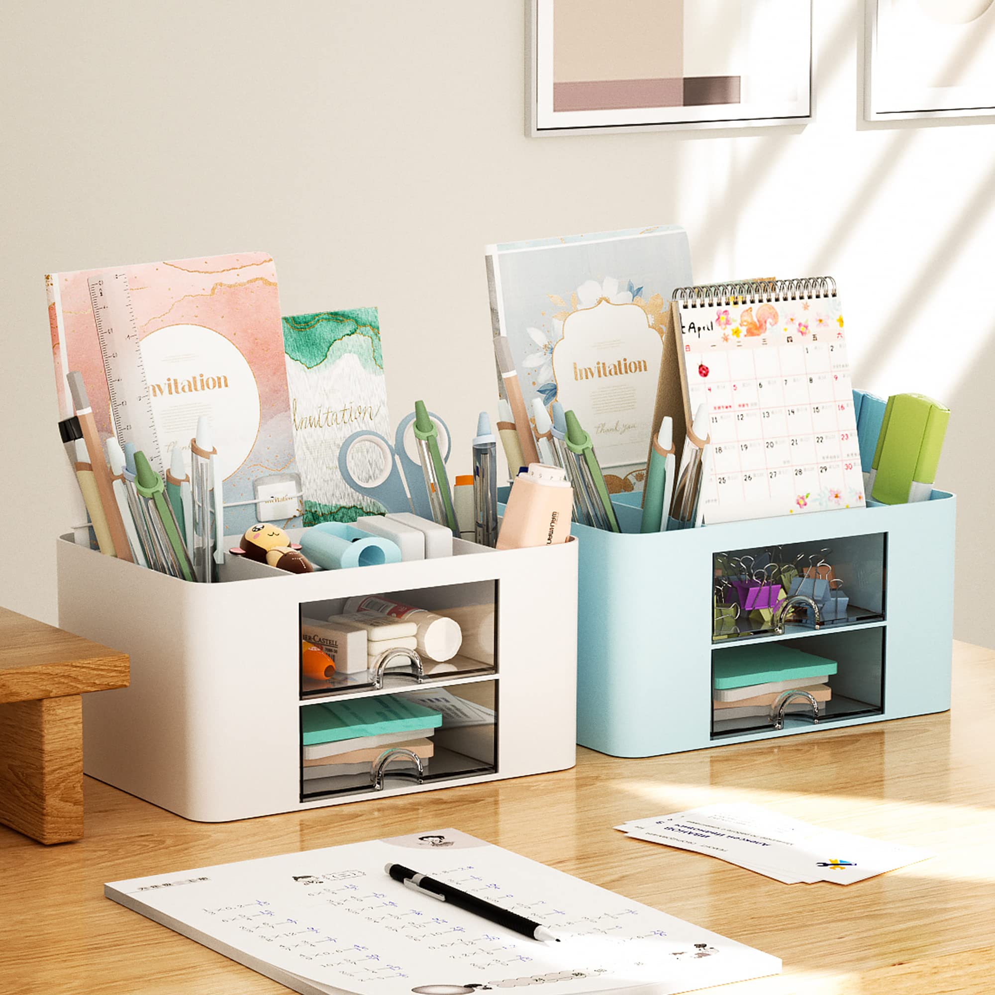Marbrasse Pen Organizer with 2 Drawer, Multi-Functional Pencil Holder for Desk, Desk Organizers and Accessories with 5 Compartments + Drawer for Office Art Supplies (Blue) Dormly