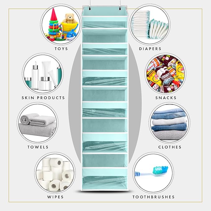 HOMELUX THEORY UPGRADED Over The Door Organizer Hanging - 100D EXTRA THICK & 50lbs HUGE CAPACITY 6 Large Front & 12 Side Pockets, Over The Door Shoe Organizer, Hanging Closet Organizer (Baby Blue 2pc)