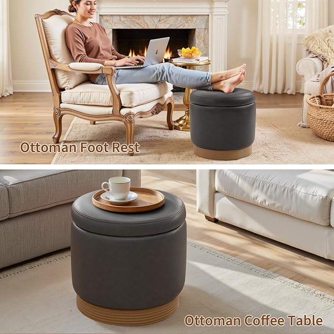 Round Storage Ottoman,Swivel Vanity Stool-Smooth Faux Leather Foot Rest,Footstool Pouf with Sturdy Acacia Wood Frame(500lbs),Small Coffee Table & Hidden Storage Ottoman for Living Room