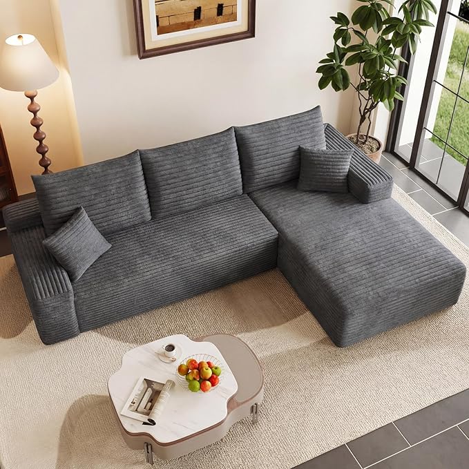 95" Modular Sectional Couch, Boneless L Shaped Cloud Sofa with Chaise Lounge, Corduroy Upholstered Couches Memory Foam Deep Seat, No Assembly Required, Ideal for Living Room(Dark Gray, Right Facing)