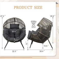 Vongrasig Comfy Wicker Egg Chair, Soft Thick Cushion Rattan Lounge Chair, High Capacity Steel Frame, Reading Chair for Living Room, Bedroom, Dorm Rooms (Black/Rattan)