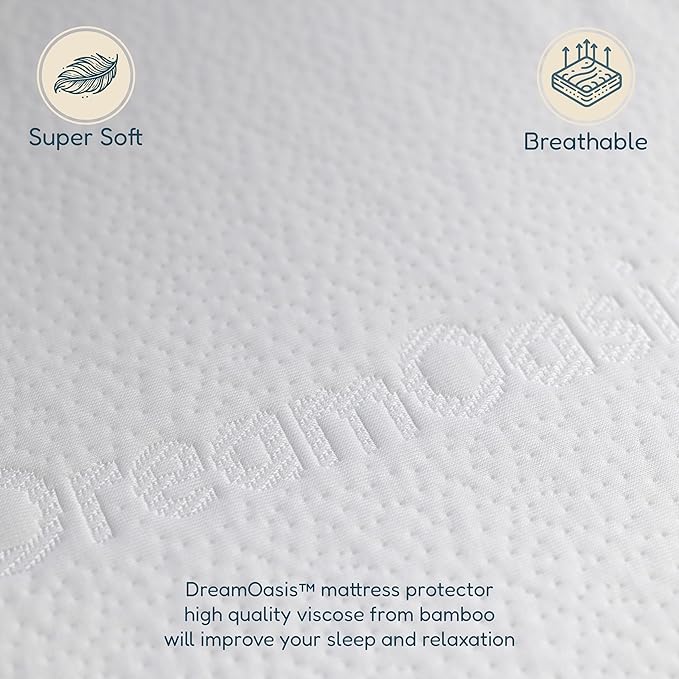 DreamOasis Waterproof Mattress Protector King Size - Premium Bamboo Viscose, Super Soft, Breathable, Machine Washable, Noiseless Bed Mattress Cover - White