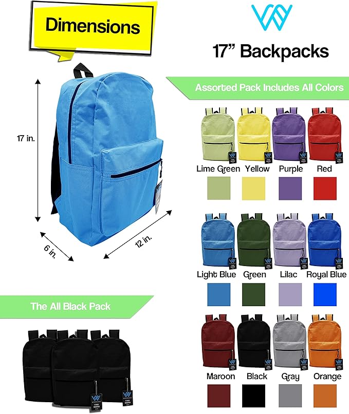 Winterlace 12 Pack Backpack, Bulk 17 inch Lightweight Outdoor Travel Gym Corporate Events Bag (Assorted)