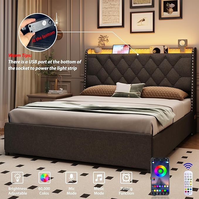 Full Size Bed Frame with 4 Drawers and Storage Headboard, Upholstered Button Linen Platform Full Bed with Led Lights and Handy Charging Station, No Box Spring Needed, Easy Assembly, Noise Free, Grey