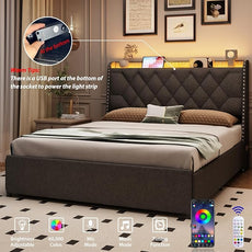 Queen Size Bed Frame with 4 Drawers and Storage Headboard, Upholstered Wingback Bed Frame with LED Lights and Charging Station, No Box Spring Needed, Easy Assembly, Noise Free, Grey