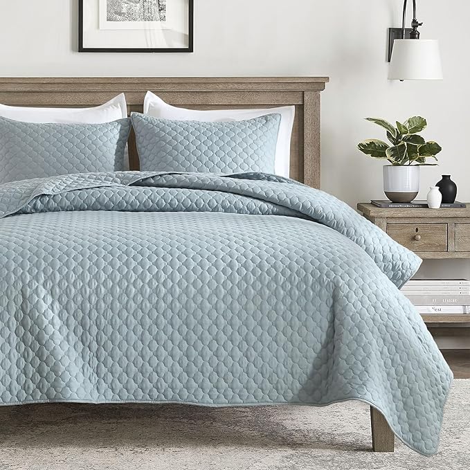 HORIMOTE HOME Quilt Queen Size Chambray Blue, Lightweight Quilts for Summer Ultra-Soft Microfiber Modern Style Quilted Clouds Pattern Bedspread Quit Set 3 Pieces(1 Quilt and 2 Pillow Shams)