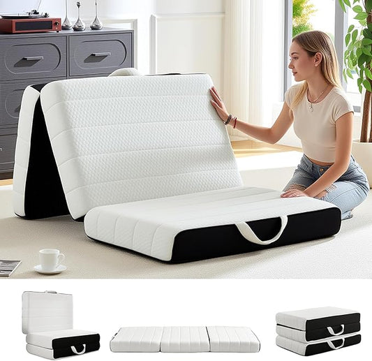 Foldable Mattress, Full Tri-Fold Memory Foam Mattress Topper with Washable Cover, Handle & Non-Slip Bottom, 4 Inch Portable Folding Bed for Guest, Yoga, Living Room, Camping - 73"x52"x4"