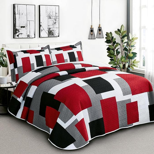 3 Piece Red Black Grey Quilt Set King Size Christmas Red Black Geometric Reversible Bedding Set Microfiber Lightweight Bedspread Coverlet with 2 Shams Modern Bed Cover for All Season, 106''x96''
