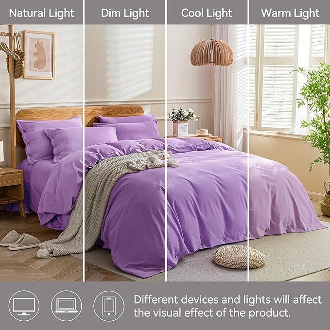 JELLYMONI Cotton Duvet Cover King Size - Light Purple Comforter Cover with Button 100% Washed Cotton 3PCS Breathable Soft Solid Bedding Set Duvet Cover 104×90in & 2 Pillowcases (NO Comforter)
