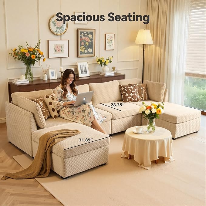 Large 6 Seat Modular Sectional Sofa with Ottoman Seat Corduroy Sleeper Sectional Sofa Bed Oversized Convertible Modular Couch for Living Room
