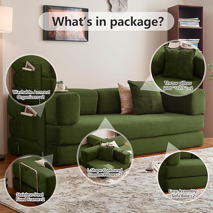 78.8" Convertible Sofa Bed -Compression Sofa with Corduroy Fabric - with Armrests and Backrest - Modular Sectional for Living Room, Bedroom, Studio - Compression Sofa in Box (Military Green)