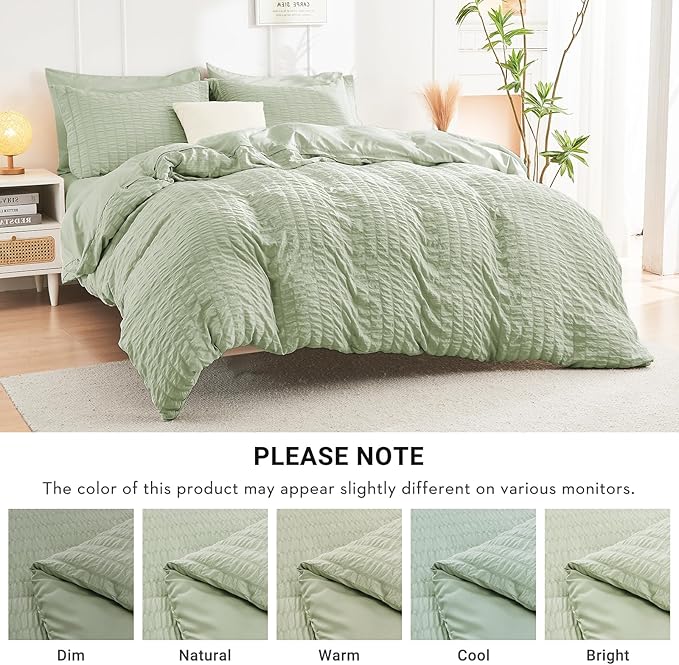 HYMOKEGE Light Green Twin Comforter Set Seersucker 5 Pieces, All Season Luxury Bed in a Bag for Bedroom, Bedding Set with Comforters, Sheets, Pillowcase & Shams