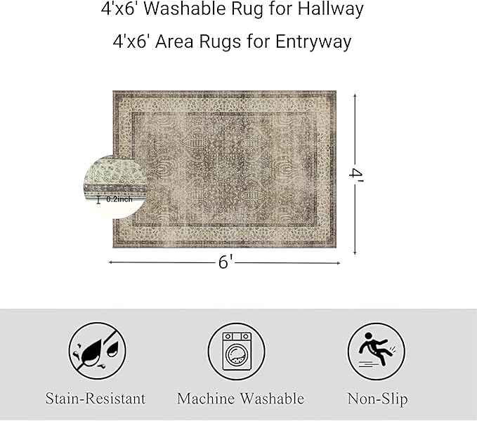 RCTJHOME 4'x6' Washable Area Rugs for Hallway, Non Slip Dining Room Rugs, Soft Low Pile Entryway Indoor Mat, Moroccan Accent Carpet for Kitchen, Living Room and Bedside, Retro Golden Brown Multi