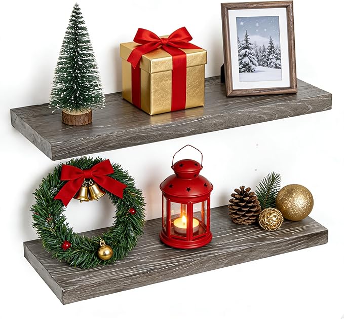 Fun Memories Floating Shelves for Wall, 24"x9.3" Rustic Solid Elm Wood Shelves, Heavy-Duty Wall Mounted Shelves with Invisible Brackets, Set of 2 for Living Room, Bedroom, Kitchen, Natural Finish