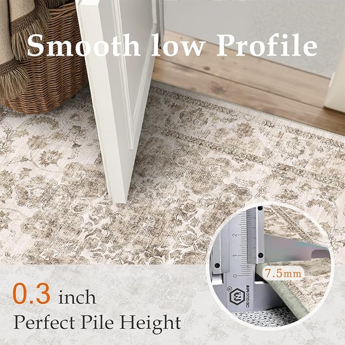 2x6 Washable Neutral Runner Rug Brown Vintage Hallway Kitchen Carpet Non-Slip Soft Low Pile Floral Throw Rug for Bedroom Bathroom Laundry Living Room