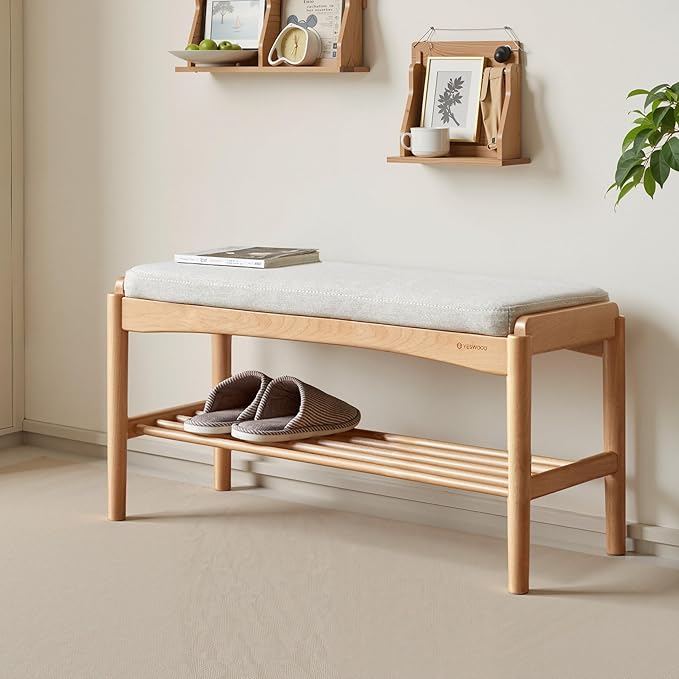 Solid Wood Shoe Bench Assembled, Shoe Rack Bench with Cushion for Entryway, Living Room, Bedroom, Hallway, 11.8" x 31.5" x 16.5", Natural