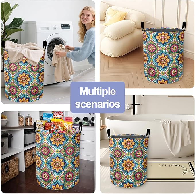 Laundry Basket,Retro Mandala Large Canvas Fabric Lightweight Storage Hamper Organizer Dirty Clothes Collapsible Waterproof for College Dorms,Bathroom