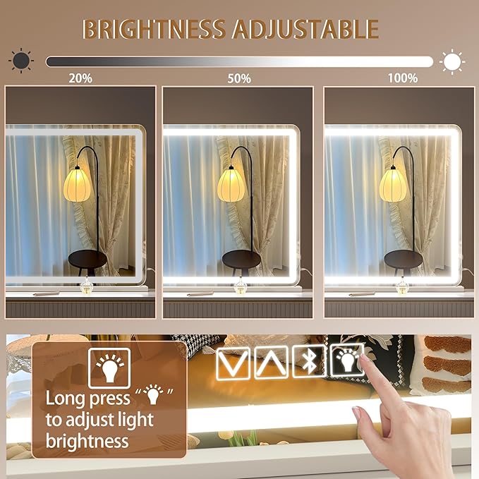 Hasipu Vanity Mirror with Lights and Bluetooth Speaker, 47.2" x 29.5" LED Makeup Mirror, Lighted Makeup Mirror with Dimmable 3 Modes, Touch Screen Control Vanity Mirror Round White