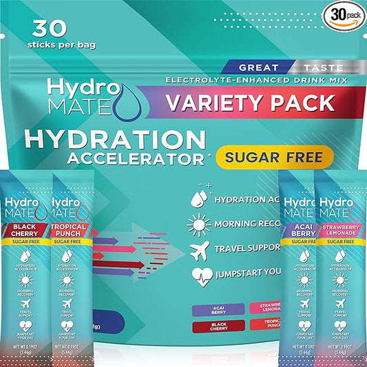 Electrolyte Powder Sugar-Free Hydration Packets Variety Pack HydroMATE 30 Sticks