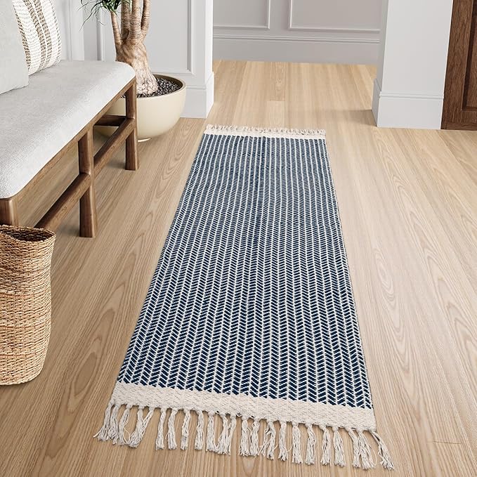 Lahome Boho Kitchen Runner, 2x6 Laundry Room Rug Lightweight Runners for Hallways Washable Runner Rug with Tassels, Farmhouse Cotton Blue Throw Rugs Non Shedding Carpet for Entryway Bathroom