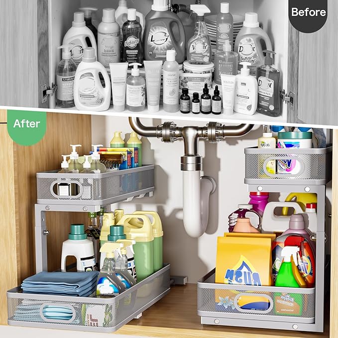 Uder Sink Organizer, High Adjustable 2 Tier Under Sink Organizers and Storage, Slide Out Metal Cabinet Organizers, Pull Out Sink Storage Drawer Shelf for Kitchen Bathroom Cabinet, Grey, 2 Pack
