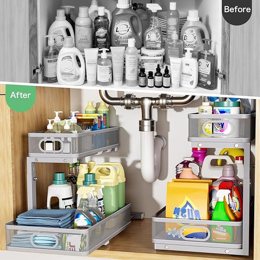 Uder Sink Organizer, High Adjustable 2 Tier Under Sink Organizers and Storage, Slide Out Metal Cabinet Organizers, Pull Out Sink Storage Drawer Shelf for Kitchen Bathroom Cabinet, Grey, 2 Pack