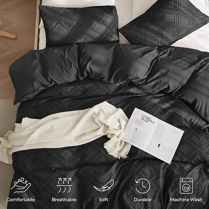 JELLYMONI Duvet Cover Twin Size Black - 3PCS Boho Duvet Cover Set Plaid Polyester Tufted Bohemian Jacquard Knit Textured Comforter Cover 68×90in Rhombic Geometric Pattern Corner Ties & Zipper