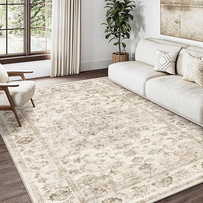 4x5 Washable Neutral Area Rug Beige Vintage Entryway Office Carpet Non-Slip Soft Low Pile Floral Indoor Throw Rug for Living Room Bathroom Dining Room