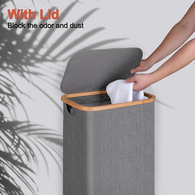 efluky Slim Laundry Hamper with Lid, Narrow Laundry Hamper with Removable Bag, Collapsible Dirty Clothes Basket with Handles for Bathroom, Bedroom & Laundry Room, 75L Grey