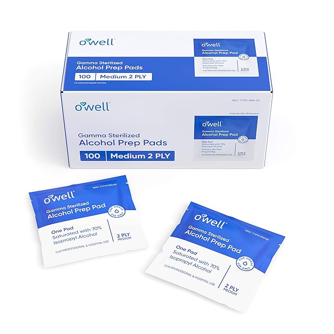 OWELL Prep Pads - 10,000 Individually Wrapped Sterile Alcohol Wipes, Medium 2-Ply Antiseptic Wipes for Disinfecting Skin, First Aid Kit Alcohol Swabs (100 boxes of 100ct)