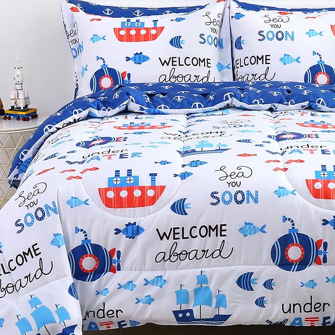 Viviland Kids Twin Bedding Sets for Boys, Soft Twin Comforter Set with Sheets, 5 Pieces Microfiber Bed in a Bag, Nautical Sea Ship