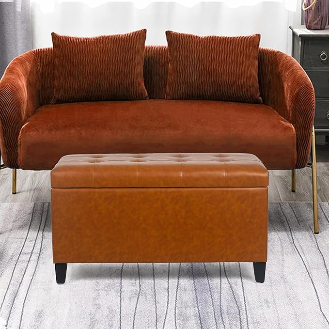 Joveco Storage Ottoman Bench, 33 Inches Faux Leather Rectangle Tufted Foot Stool for End Foot of Bed, Bedroom, Living Room, Cognac Brown