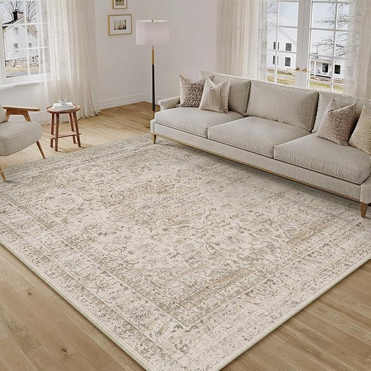 6x9 Washable Beige Area Rug Vintage Living Room Bedroom Carpet Non-Slip Soft Low Pile Distressed Indoor Throw Rug for Dining Room Entryway Office