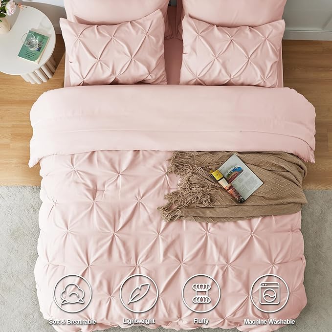 CozyLux Queen Comforter Set Blush Pink, 7 Pieces Pintuck Bed in A Bag, Premium Pink Comforter Queen Size, Pinch Pleat Bedding Sets with Comforter, Sheets, Pillowcases & Shams