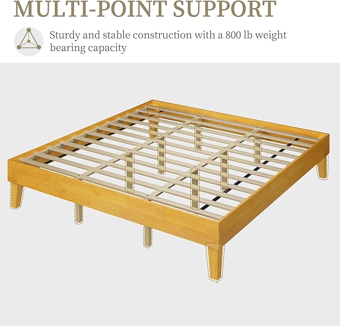 Yaheetech King Bed Frame Natural Solid Wood Platform Bed with Wooden Slats Support, 12-inch Underbed Space for Storage, Noise-Free Design, Easy Assembly, Natural Wood Finish