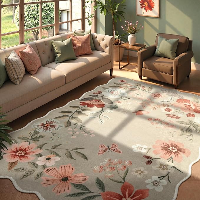 Lahome Floral Washable 6x9 Area Rugs, Soft Bedroom Rug for Living Room Ultra-Thin Non Slip Dining Room Rug, Stain Resistant Boho Rugs Easy Clean Throw Carpet for Office(6'x9',Brown)